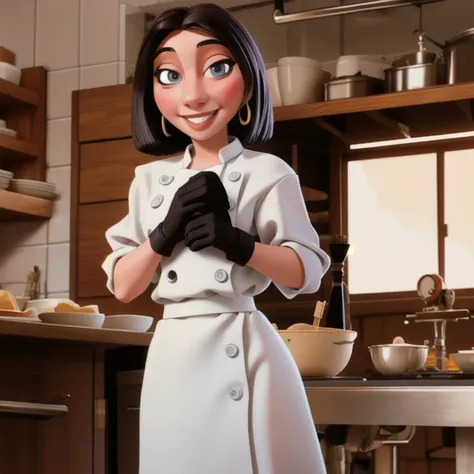 colettetatou , mulher ,  chef naked, black gloves, gun, smile