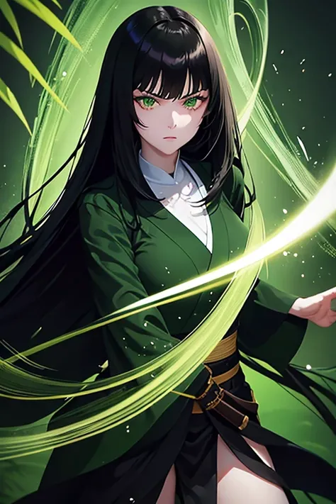 Young woman, long black hair, straight bangs down, pale skin, green eyes, serious face, green japanese kimono, beautiful, in green background, brave pose, katana, powerful, sexy woman, fighting, spiritual power.