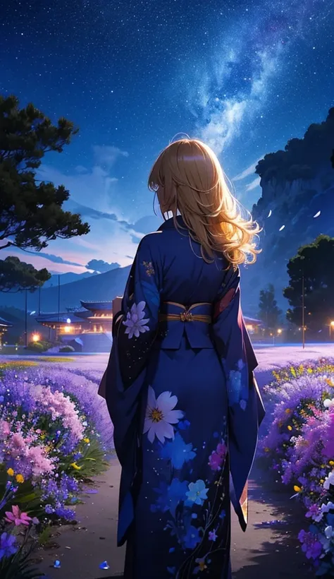 １people々々々々々,Blonde long-haired woman，Blue kimono， Dress Silhouette， Rear View，Space Sky, Flower Field，Colorful flowers，Fluttering petals，