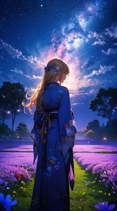 １people々々々々々,Blonde long-haired woman，Blue kimono， Dress Silhouette， Rear View，Space Sky, Flower Field，Colorful flowers，Fluttering petals，