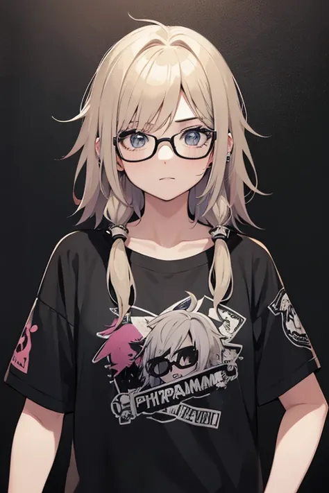 punk girl wearing glasses and a band shirt, fliperama, cabelo preto com mechas roxas.