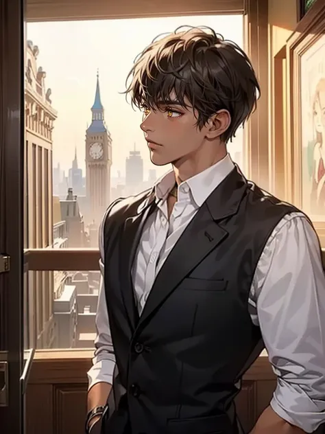 Male focus, 1 MAN, solitary, DARK BROWN hair, ((HAZEL bright yellow eyes)), SHORT MESSY hair, , ((brown skinned)), blushing a lot, handsome, MUSCULAR, LOOKING AWAY, black hair，((LUXURY SUIT)), ELEGANT, RICH, BLACK SKIN, ((DARK SKINNED)), SOFT LOOKING, BLUS...