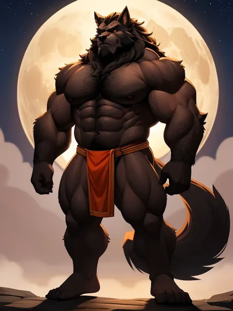 A burly, virile, and hairy werewolf with distinct wolf ears and a bushy tail, standing tall and proud against a full moonlit sky. His fur is thick and majestic, framing a powerful physique that is overmuscular and musclebound to the extreme. His broad shou...