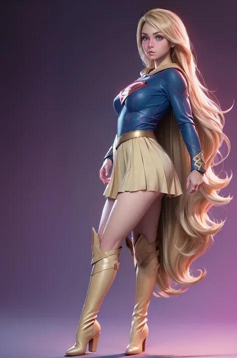 (8K, Best Quality, Photorealistic, masutepiece:1.2), super girl, Blue eyes, Blonde hair, Long hair, Cape, Superhero, Skirt, long boots, (Blonde girl:1.5), (Breast Focus:1.2), (Realistic:1.2), (Far View: 1.2), (Realism), (masutepiece:1.2), (Best Quality), (...