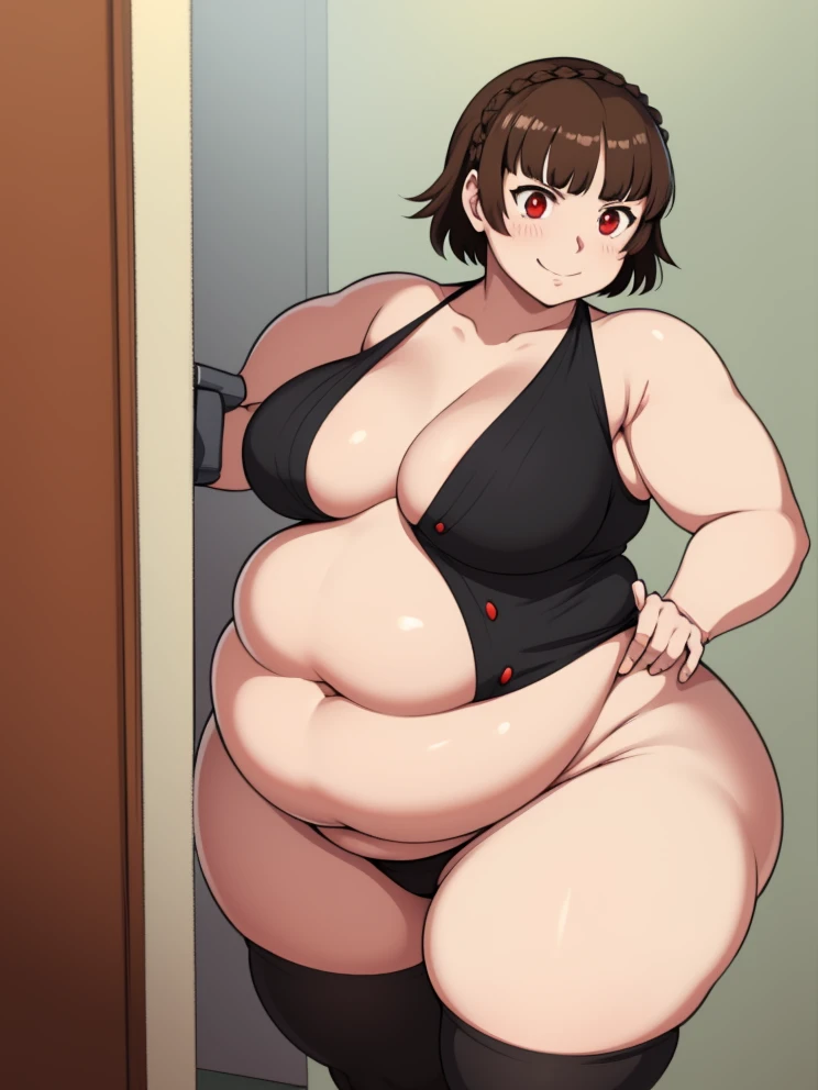 makoto nijima, blunt bangs, braid, brown hair, crown braid, (red eyes:1.3), short hair, fat, solo 1 girl, big belly, fat girl, teasing with her fat belly, smiling, sexy, fat thighs, fat rolls