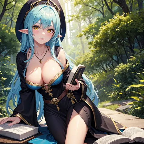 A sexy girl half elf wizard, Full dark wizard robe, wizard hat, yellow eyes, bright blue hair colour, book in hand, Forest background,8k, masterpiece, best quality, highly detailed, 1girl, half-elf, solo, yellow eyes, bright blue hair, long straight hair, ...