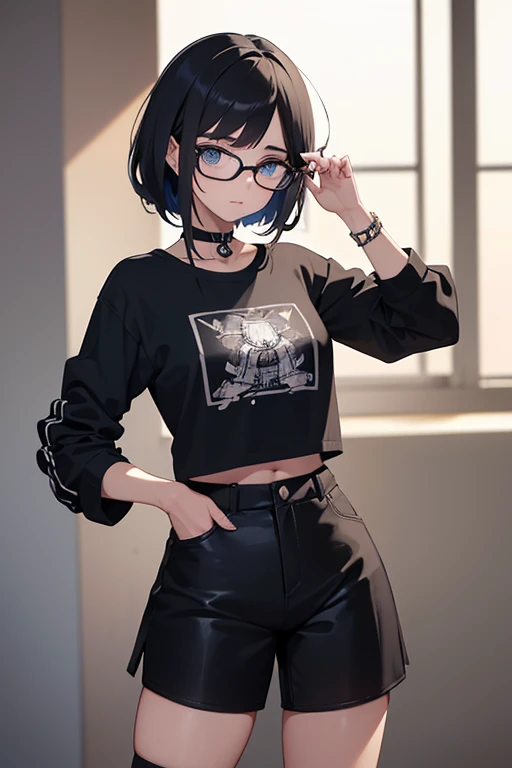 ((Obra de arte)),(((melhor qualidade))),(ficha de design de personagem, mesmo personagem, Frente, lado, voltar), punk girl wearing glasses and a band shirt, cabelo preto com mechas roxas.