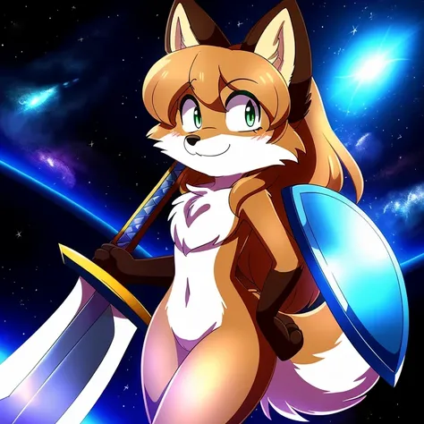 Nervous smiling, uploaded the e621, space background, in space, floating in space, beautiful and detailed, woman (((female))) ((anthro)) Fox, (Averi, Fox girl), cinematic lighting, Fox, (anthro, fluffy fur, character focus:1.1), 1girl, anthro fox girl, bod...