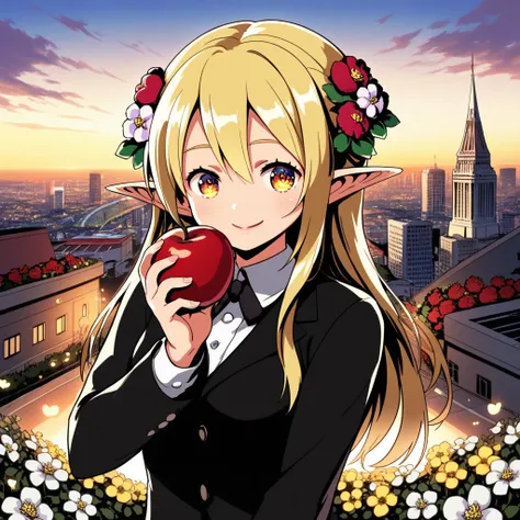 score_9,source_anime,1girl,standing,blonde hair,beautiful_detailed_eyes,long hair,braidedhair,close up,flower hair ornament,looking at viewer,wearing tuxedo,smiling,city,flowers in background,holding apple, elf ears,