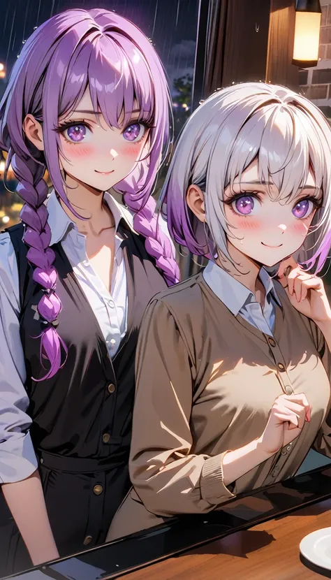 (8K, Top quality, masterpiece: 1.2), (Practical, photoPractical: 1.37), Super detailed,  2 girls Looking at the audience side by side, yinji, purple hair, purple eyes, long hair, white hair, double braids, gradient hair, small breasts, Beautiful and detail...