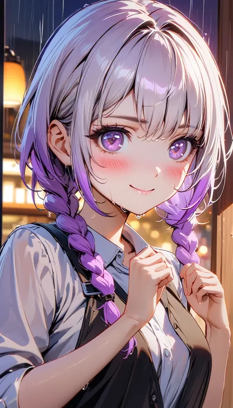 (8K, Top quality, masterpiece: 1.2), (Practical, photoPractical: 1.37), Super detailed,  2 girls Looking at the audience side by side, yinji, purple hair, purple eyes, long hair, white hair, double braids, gradient hair, small breasts, Beautiful and detail...