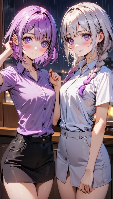 (8K, Top quality, masterpiece: 1.2), (Practical, photoPractical: 1.37), Super detailed,  2 girls Looking at the audience side by side, yinji, purple hair, purple eyes, long hair, white hair, double braids, gradient hair, small breasts, Beautiful and detail...