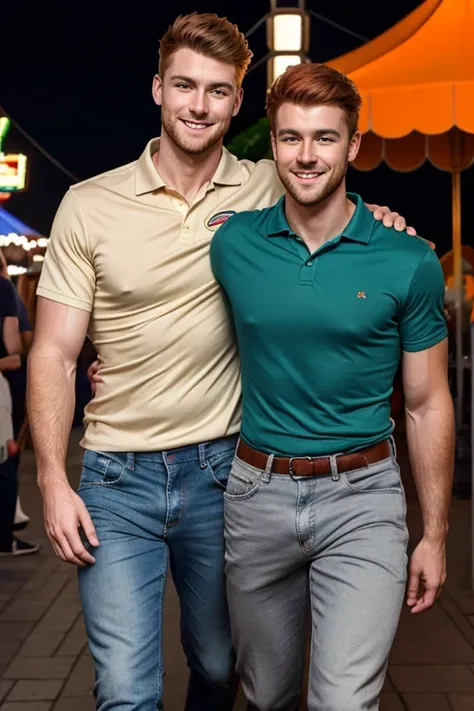 Photo-realistic. A tall, muscular, handsome, 24-year-old jock, with orange hair, stubble, and green eyes, wearing a teal, graphic T-shirt, and jeans, arm around a fit, handsome, 30-year-old, man with short, shaved, brown hair, stubble, and blue eyes, weari...