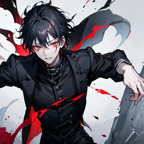 male with black hair and blood red eyes. pale skin and a handsome face. he's wearing a black jacket