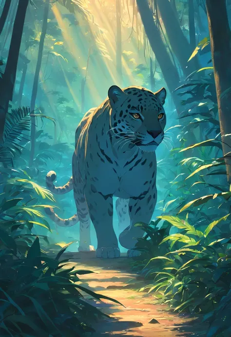 "Amazonian Jaguar roaming the mystical misty jungle at dusk, with dramatic dark shadows, em uma pintura digital altamente detalhada e hipnotizante, showing the essence of conceptual art."