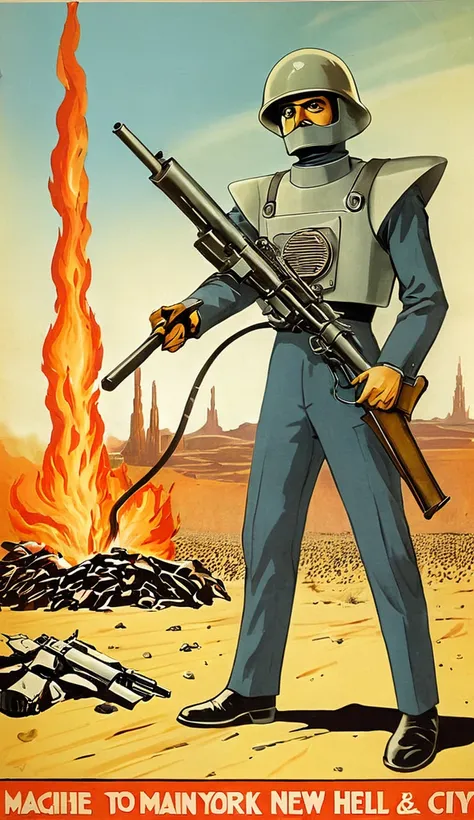 Bender holding Machine Handgun on Desert to New York City at Fire to Hell, Soviet poster