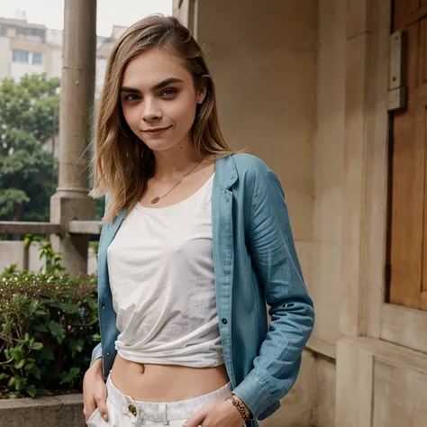 Cara Delevingne dressed in casual and elegant clothes and smiling