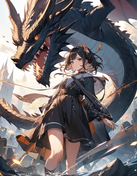 ((One black dragon with one cryptically girl)), ((No other subjects are depicted)), Detailed and mysterious, (The girl、Wearing an off-the-shoulder kimono、Holding a fine walking stick), ((The dragon is、He brings his handsome and brave face close to the girl...