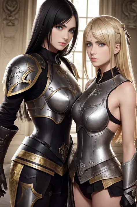 two german womans, catholics, black hair and blonde perfect face, detailed face, warriors roman, using sexy armor , soft lesbians, full body