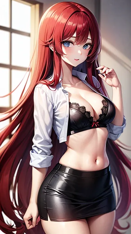 a beautiful anime girl, red long hair, blue eyes, white open shirt, black and red bra, black skirt