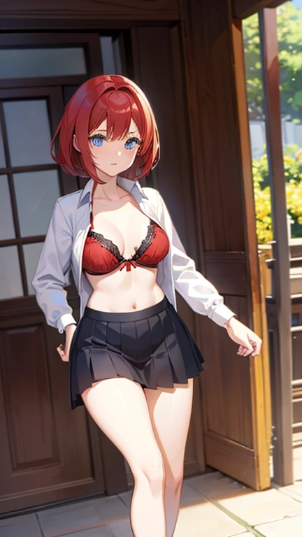 An anime girl with red hair and blue eyes wearing a skirt and an open shirt revealing a black and red bra