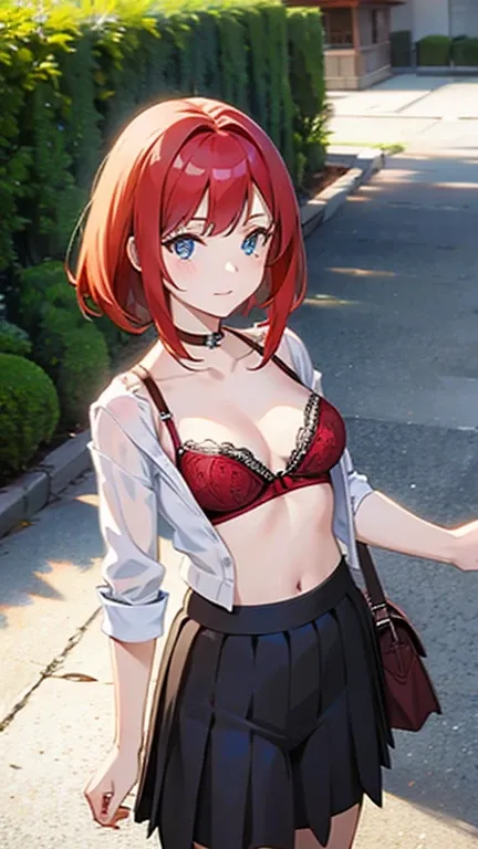 An anime girl with red hair and blue eyes wearing a skirt and an open shirt revealing a black and red bra