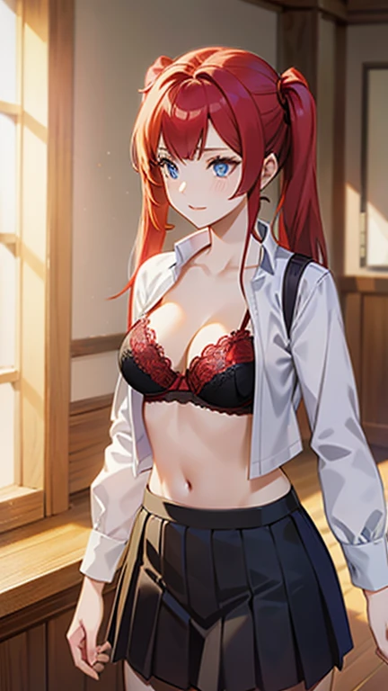 An anime girl with red hair and blue eyes wearing a skirt and an open shirt revealing a stunning black and red lace bra