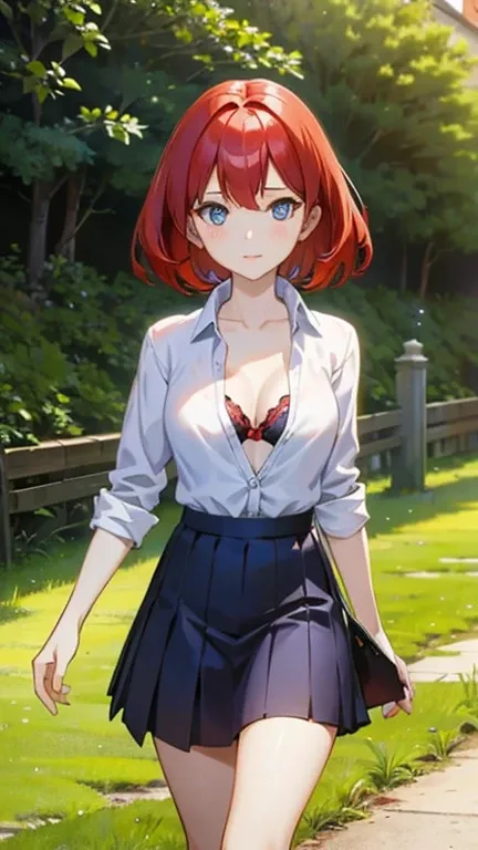 An anime girl with red hair and blue eyes wearing a skirt and an open shirt revealing a black and red bra