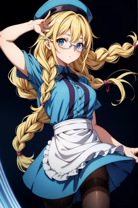 an anime character showing off her hat and blue dress with long hair, 1girl, solo, blonde hair, braid, blue eyes, pantyhose, glasses, twin braids, long hair, dress, hat, apron, looking at viewer