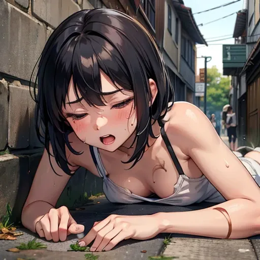 Short-cut, dark-haired, sweaty, scarred, and cute Japanese high school girl fighter. She is lying in an alleyway. She is gasping for breath with one eye closed. Tiny breasts. Torn . She is being rescued by an earnest-looking male student.