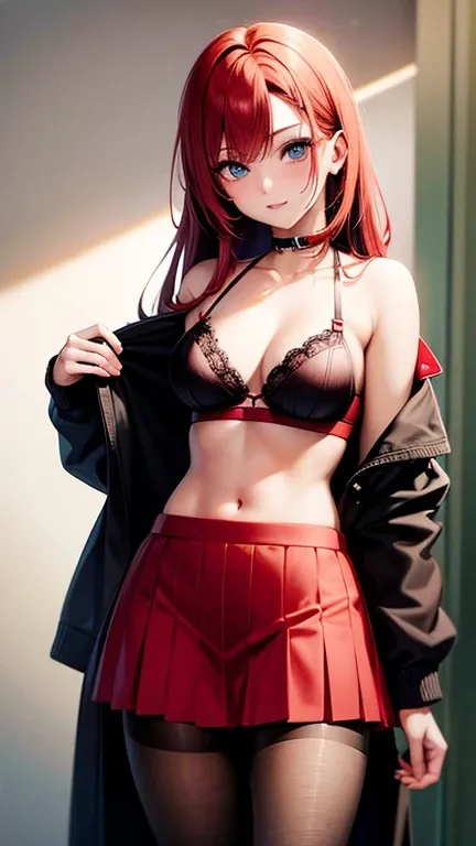 An anime girl with red hair and blue eyes wearing a skirt and an open shirt revealing a black and red bra