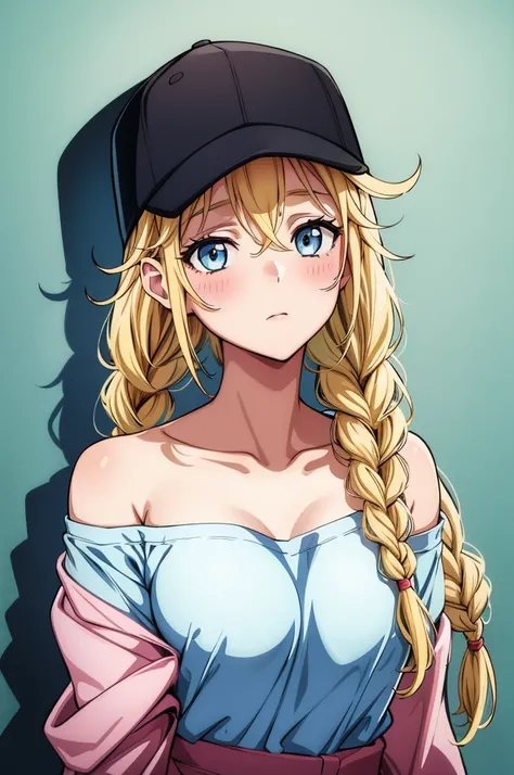 a painting of a anime-type character holding a baseball cap like device, 1girl, blonde hair, blue eyes, hat, solo, breasts, braid, twin braids, long hair, collarbone, blush, shirt, looking at viewer, black headwear, baseball cap, off shoulder, upper body