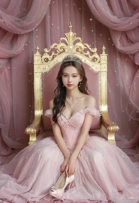 Slavic type woman with blond hair, full body. sitting in a chair against the backdrop of the throne room, cheerful Slavic woman, in a long pink ballgown and stilettos, dress decorated with pearls, tiara with pearls on the head. Russian type of woman. Slavi...