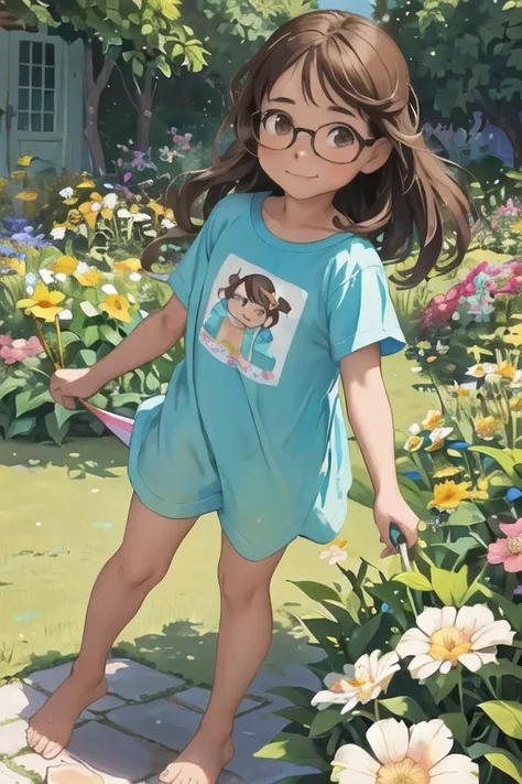 in the garden, cute chubby girl in glasses with beautiful detailed brown eyes, bright smile, and very disheveled brown hair playing with a colorful kite. He is wearing a bright azure flowing T-shirt over a completely naked body.(absolutely no panties)(wind...