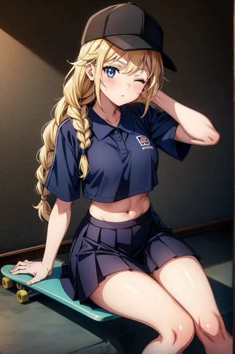 an anime and real girl wearing uniform sitting on a skateboard deck, 1girl, solo, skirt, blonde hair, long hair, blue eyes, breasts, one eye closed, braid, hat, black headwear, looking at viewer, navel, short sleeves, midriff, crop top, shirt, sitting, bas...