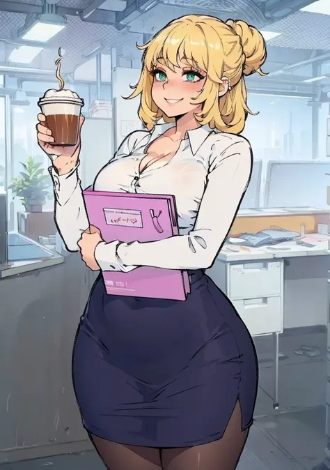 ((art by Kipteitei)), ((Masterpiece, best quality, perfect lighting, amazing shading)), perfect anatomy, field of depth, extremely beautiful, detailed face, ultra cute face, cute, blonde hair, curly wavy hair in messy bun, green eyes, pencil skirt, dress s...