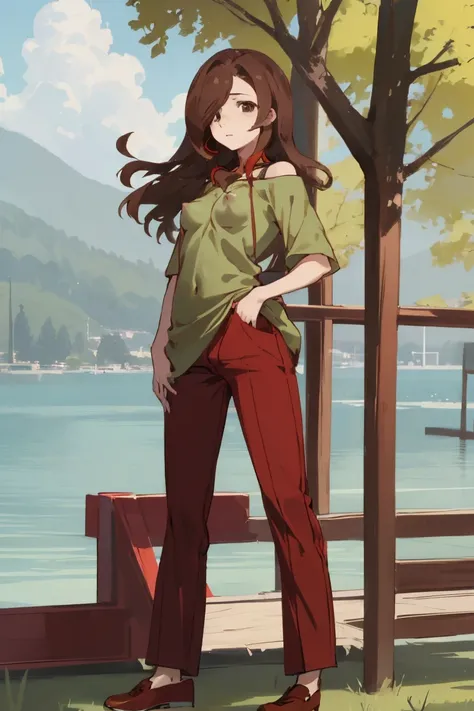 Lake Izu,((highest quality)), ((masterpiece)), (be familiar with),{{nsfw}},One female,Long Hair, Brown Hair, Brown eyes, Green Shirt,(Small breasts), Hair on one eye, Off the shoulder, Exposing shoulders,((Erect nipples)),Red pants