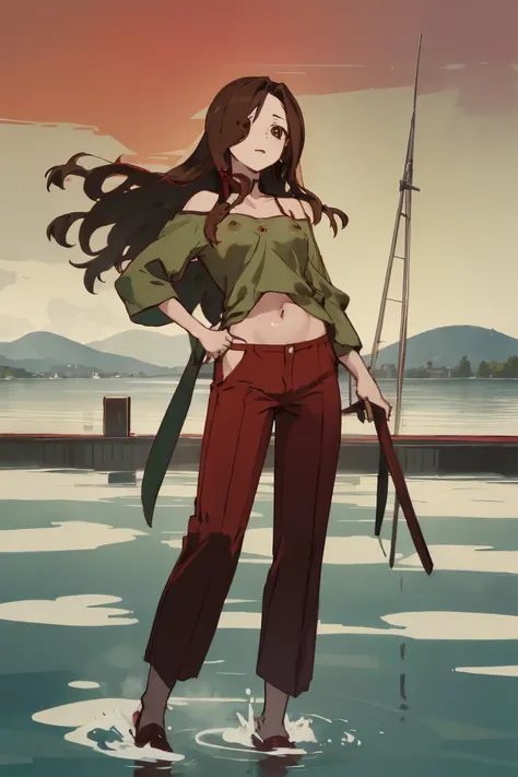 Lake Izu,((highest quality)), ((masterpiece)), (be familiar with),{{nsfw}},One female,Long Hair, Brown Hair, Brown eyes, Green Shirt,(Small breasts), Hair on one eye, Off the shoulder, Exposing shoulders,((Erect nipples)),Red pants