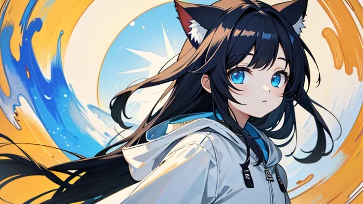 Moon and sun、Abstract Painting、Cat ear、White hooded parka、Girl、Captivating look