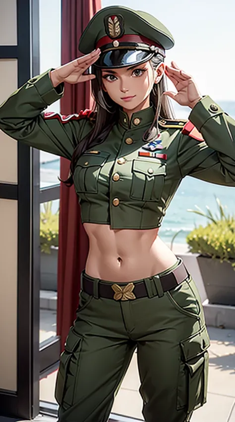 
Women in crop top soldier uniform, soldier hat, medal on the chest,  exposed abdomen area, very low waist cargo pants, navel, 45 years-old, high ranking , standing, military salute