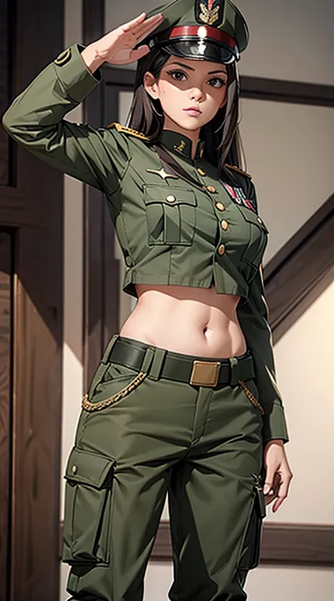 
Women in crop top soldier uniform, soldier hat, medal on the chest,  exposed abdomen area, very low waist cargo pants, navel, 45 years-old, high ranking , standing, military salute, fat