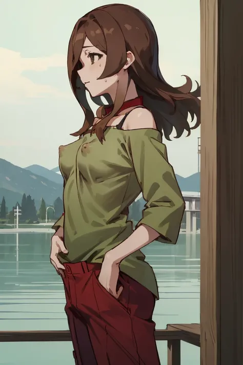 Lake Izu,((highest quality)), ((masterpiece)), (be familiar with),{{nsfw}},One female,Long Hair, Brown Hair, Brown eyes, Green Shirt,(Small breasts), Hair on one eye, Off the shoulder, Exposing shoulders,((Erect nipples)),Red pants