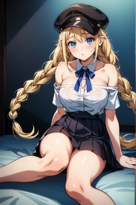 a woman is depicted as a girl wearing shorts, no shoes, and no shirt, 1girl, breasts, solo, blue eyes, long hair, skirt, navel, hat, braid, blonde hair, twin braids, looking at viewer, sitting, black headwear, stomach, shirt, large breasts, bare shoulders,...