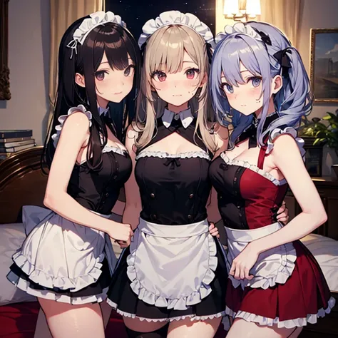 A group of  maids, (in bedroom), various hair styles, harem, night, details face, short skirt, seducing, sleeveless, sweaty armpits 