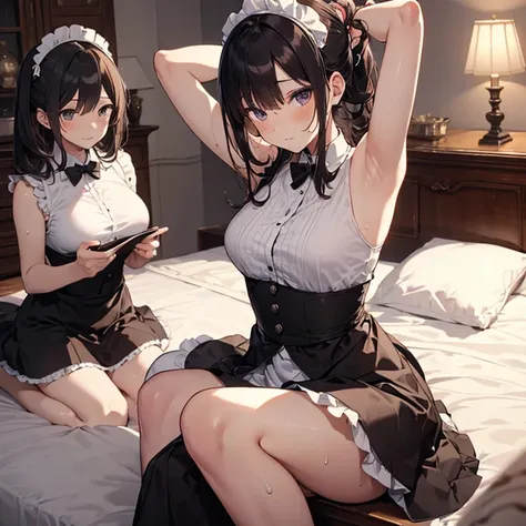 A group of  maids, (in bedroom), various hair styles, harem, night, details face, short skirt, seducing, sleeveless, sweaty armpits 