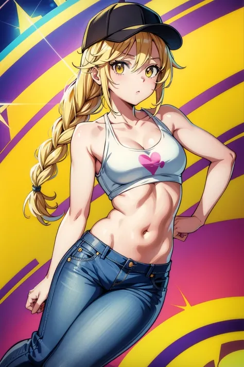 a cartoon with blonde hair and a basketball cap stands before a rainbow patterned background, 1girl, solo, breasts, navel, blonde hair, cleavage, long hair, denim, hat, looking at viewer, collarbone, baseball cap, bare shoulders, yellow eyes, midriff, pant...