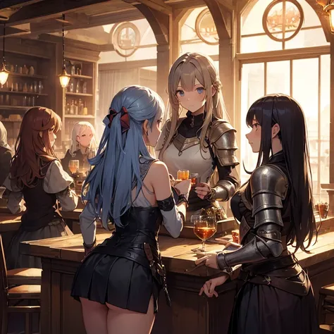 A group of  female medieval fantasy adventurers, (in tavern), various hair styles, harem, night, details face, short skirt, seducing, sleeveless, armor 