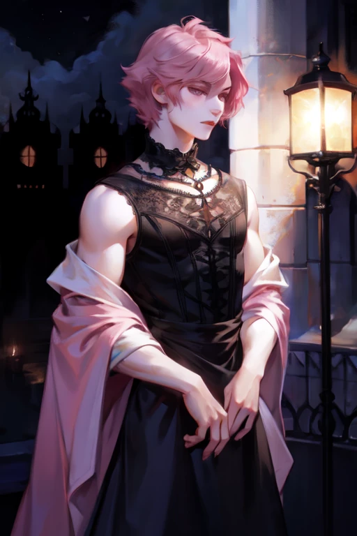 hot male, short pink hair, gothic revealing  dress, masc