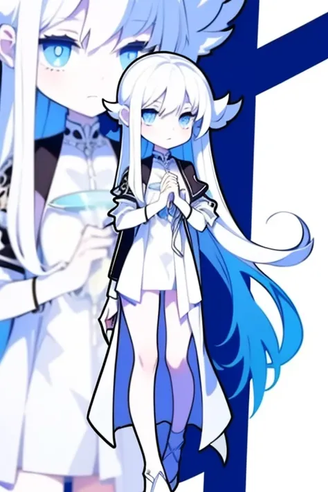 Half-length statue of a girl，k hd，4K，face expressionless，style of anime，sideface，white backgrounid，blue color eyes，white color hair,((full body)),Confused eyes,(default character)SD character,