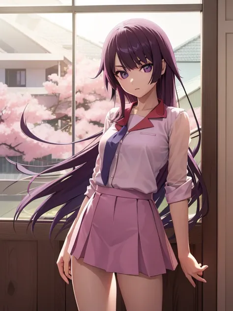 senjougahara hitagi , senjougahara hitagi , pelo largo, pelo morado, , (ojos azules:1.1), , , naoetsu alto uniforme escolar, ant...